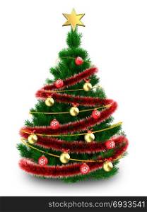 3d illustration of Christmas tree with red tinsel over white background. 3d Christmas tree