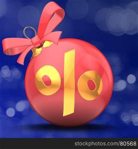 3d illustration of Christmass ball over bokeh blue background with golden percent sign and red ribbon