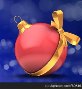 3d illustration of Christmass ball over bokeh blue background with golden ribbon