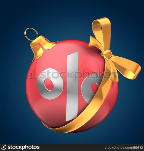 3d illustration of Christmass ball over dark blue background with percent sign and golden ribbon