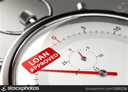 3D illustration of chronometer with needle pointing the text loan approved. Quick approval concept. Quick loan approval concept.