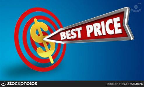 3d illustration of circles target with best price arrow and dollar sign over blue background
