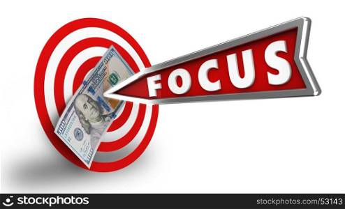 3d illustration of circles target with focus arrow and 100 dollars over white background