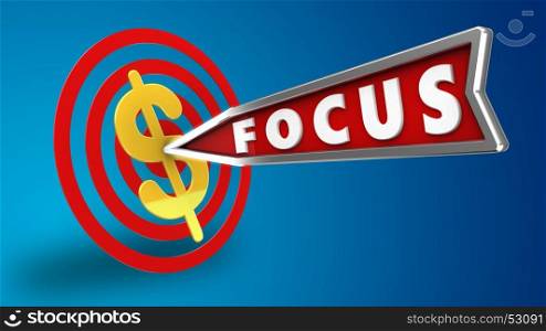 3d illustration of circles target with focus arrow and dollar sign over blue background