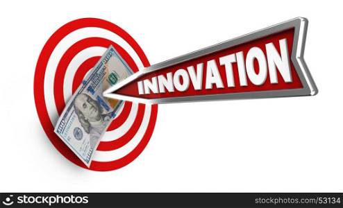 3d illustration of circles target with innovation arrow and 100 dollars over white background