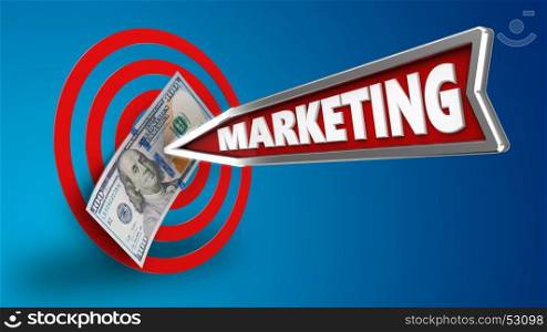 3d illustration of circles target with marketing arrow and 100 dollars over blue background