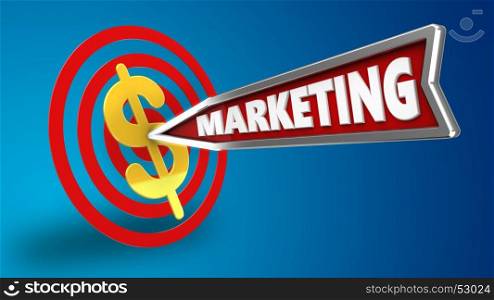 3d illustration of circles target with marketing arrow and dollar sign over blue background