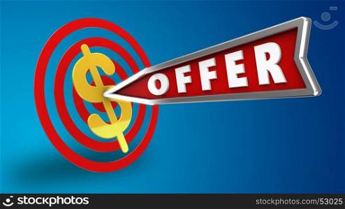 3d illustration of circles target with offer arrow and dollar sign over blue background