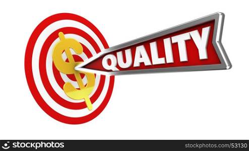 3d illustration of circles target with quality arrow and dollar sign over white background