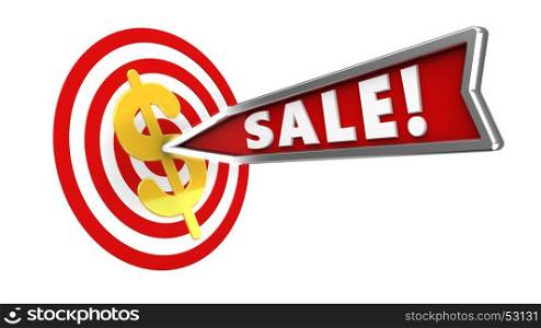3d illustration of circles target with sale arrow and dollar sign over white background