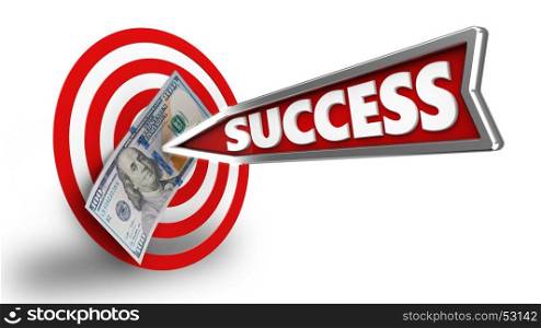 3d illustration of circles target with success arrow and 100 dollars over white background