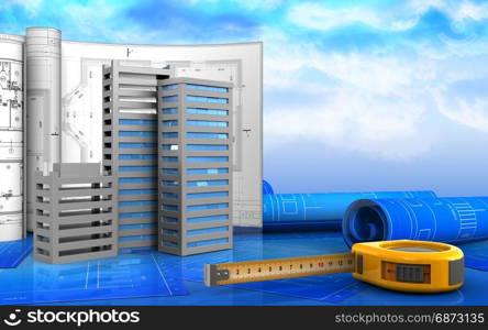 3d illustration of city buildings construction with drawings over sky background. 3d with drawings