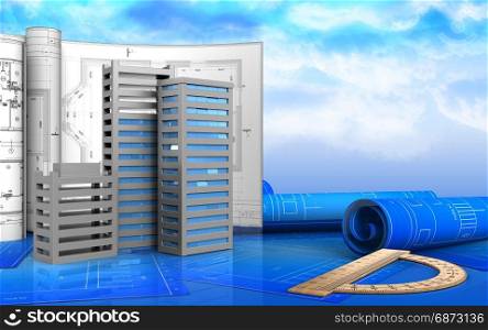 3d illustration of city buildings construction with drawings over sky background. 3d with drawings