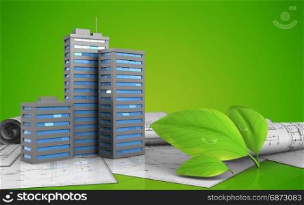 3d illustration of city buildings over green background. 3d blank