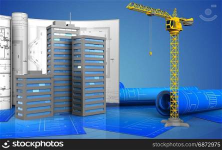 3d illustration of city buildings with drawings over blue background. 3d of crane