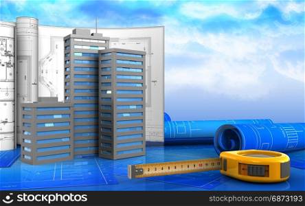 3d illustration of city buildings with drawings over sky background. 3d