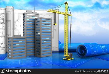 3d illustration of city buildings with drawings over sky background. 3d of city buildings