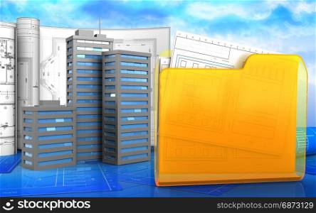 3d illustration of city buildings with drawings over sky background. 3d of folder