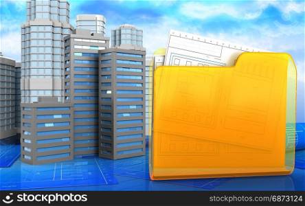 3d illustration of city buildings with urban scene over sky background. 3d of folder