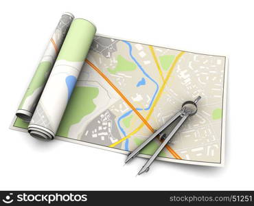 3d illustration of city map with measure tool over white background