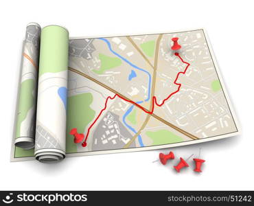 3d illustration of city map with red route and pins