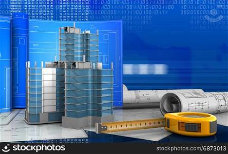 3d illustration of city quarter construction with drawing roll over digital background. 3d with drawing roll