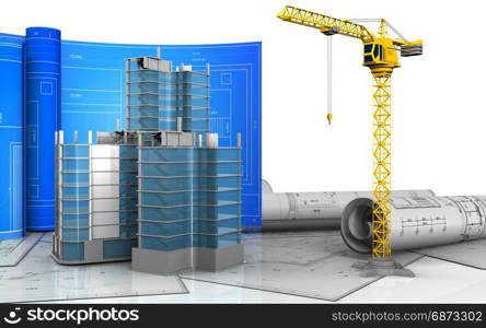 3d illustration of city quarter construction with drawing roll over white background. 3d drawings rolls