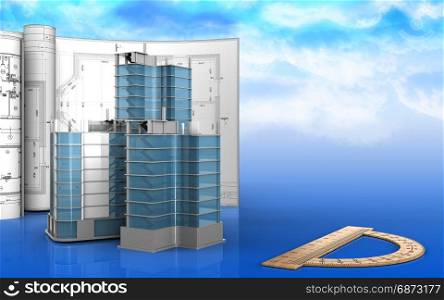 3d illustration of city quarter construction with drawings over sky background. 3d blank