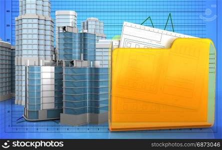 3d illustration of city quarter construction with urban scene over graph background. 3d of folder