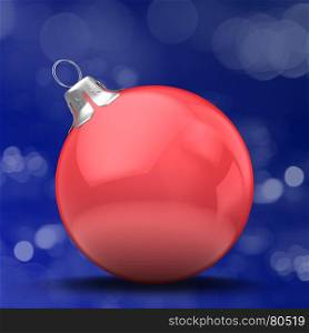 3d illustration of classic Christmas ball over bokeh blue background with blank