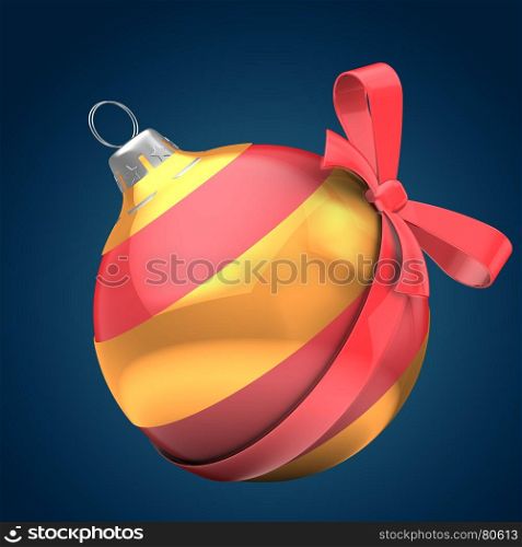 3d illustration of classic Christmas ball over dark blue background with golden line and red bow