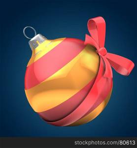 3d illustration of classic Christmas ball over dark blue background with golden line and red bow