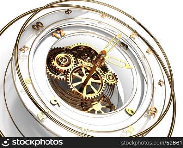 3d illustration of clock mechanism with golden numbers and arrows