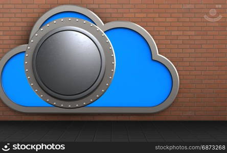 3d illustration of cloud with vault door template over red bricks background. 3d safe vault door blank template