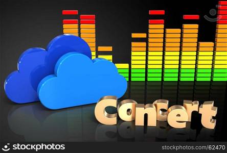3d illustration of clouds over black background with concert sign. 3d clouds audio spectrum