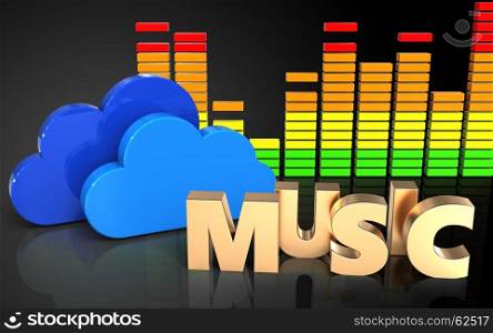 3d illustration of clouds over black background with music sign. 3d music sign audio spectrum