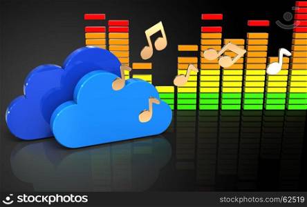 3d illustration of clouds over black background with notes. 3d notes audio spectrum