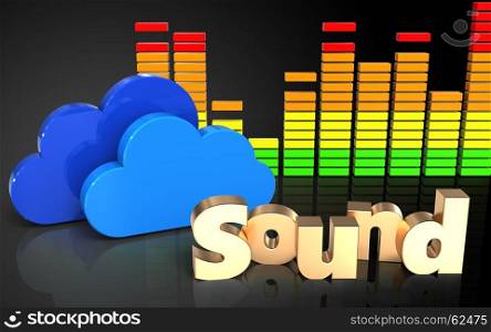 3d illustration of clouds over black background with 'sound' sign. 3d audio spectrum audio spectrum
