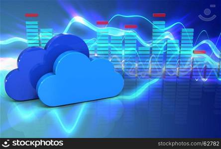 3d illustration of clouds over sound waves blue background. 3d blank blank