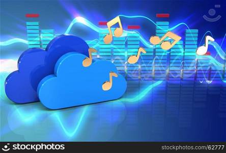3d illustration of clouds over sound waves blue background with notes. 3d clouds notes
