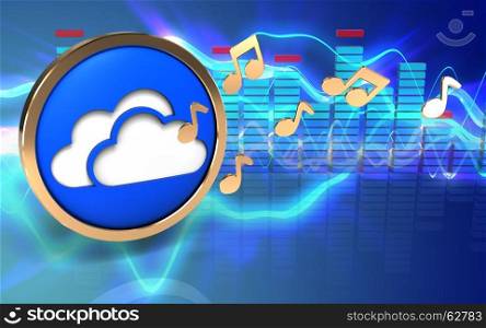 3d illustration of clouds symbol over sound waves blue background with notes. 3d clouds symbol clouds symbol