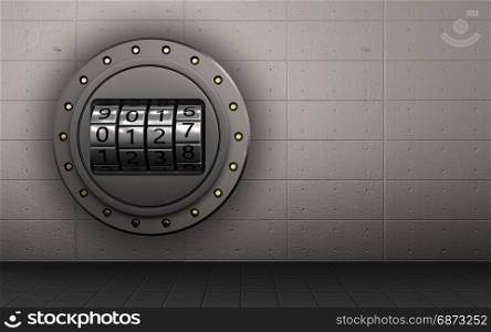 3d illustration of code dial over iron wall background. 3d safe safe