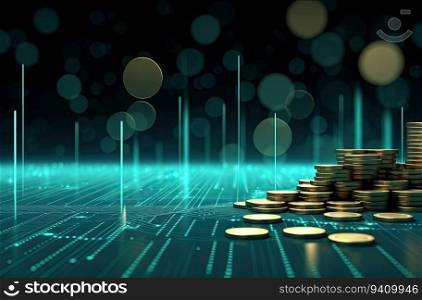 3D illustration of coin stacks with binary code and bokeh background