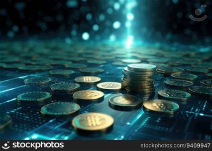 3D illustration of coins and binary code. Cryptocurrency concept