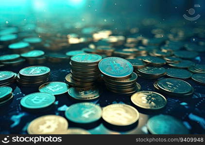 3d illustration of coins with bitcoin symbol over blue toned background