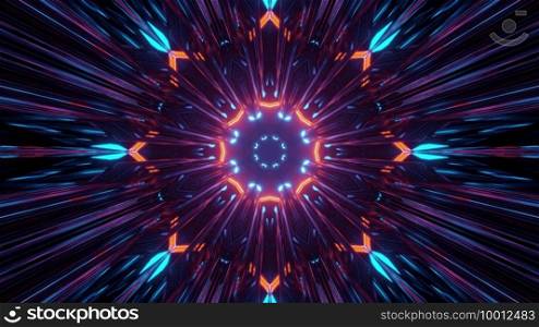 3D illustration of colorful fractal flower shaped pattern with neon light as abstract background. 3D illustration of multicolored shiny kaleidoscope ornament