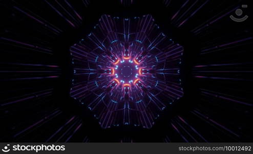 3D illustration of colorful looping kaleidoscope with neon lights in dark tunnel as abstract background. 3D illustration of dark space with illuminated fractal flower pattern