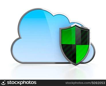 3d illustration of computer cloud protected by green shield