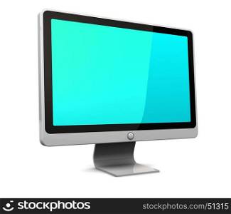 3d illustration of computer monitor with green-blue screen, over white background