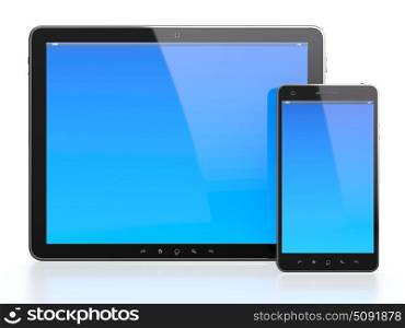 3d illustration of computer tablet and mobile phone with blue screen on white background